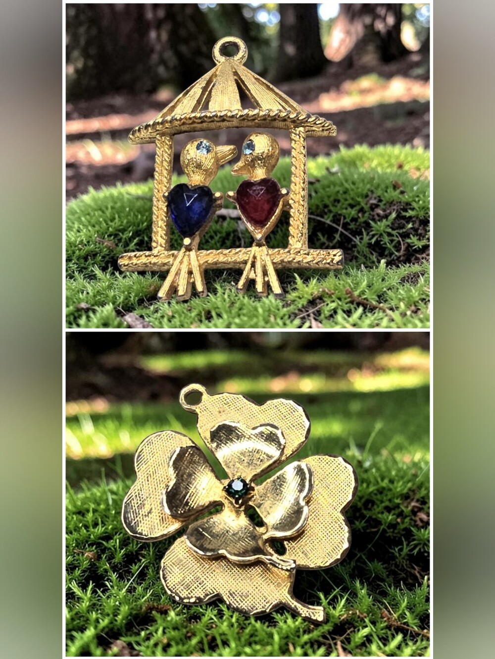 HOBCO Vintage Set of 2 Gold Plated Charms - Birds & 4 Leaf Clover